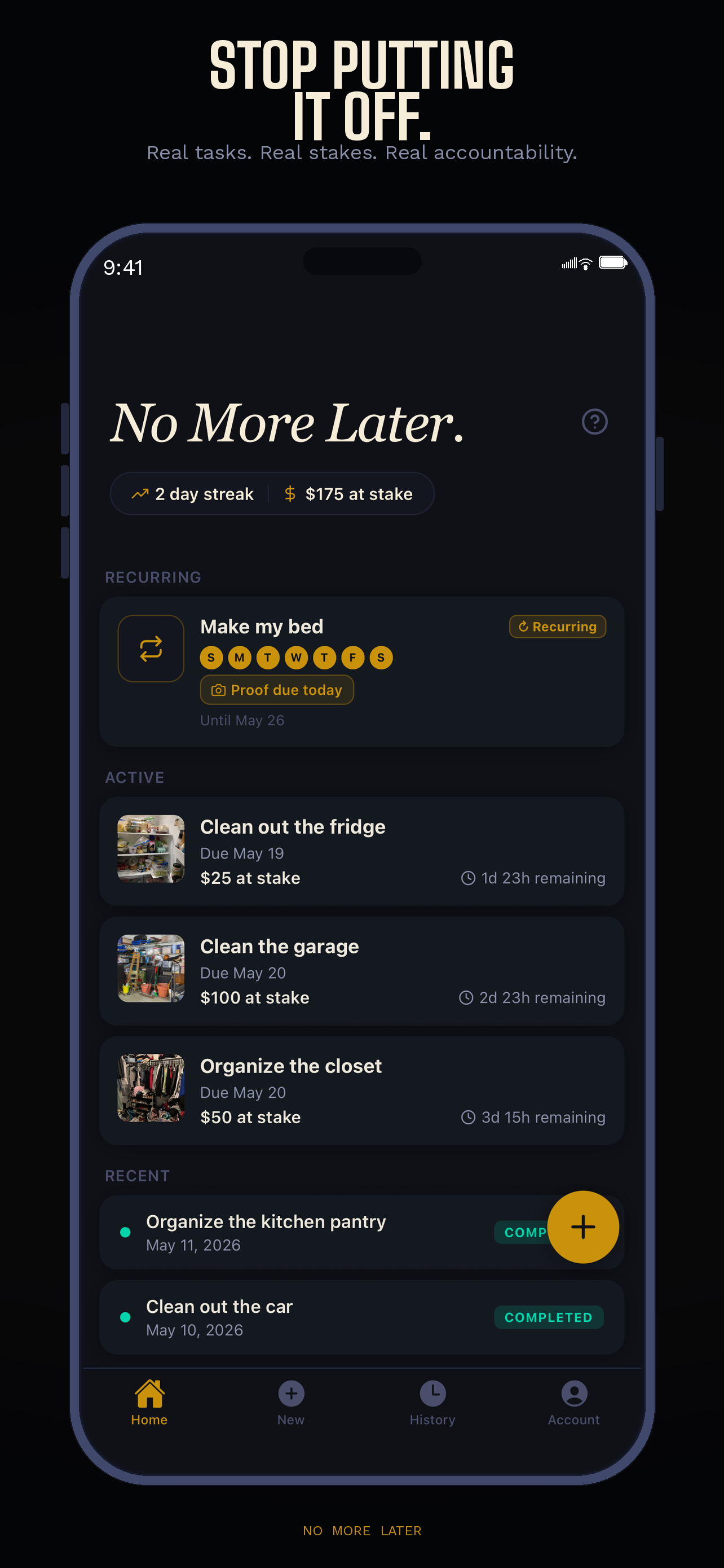 Home screen showing active commitments